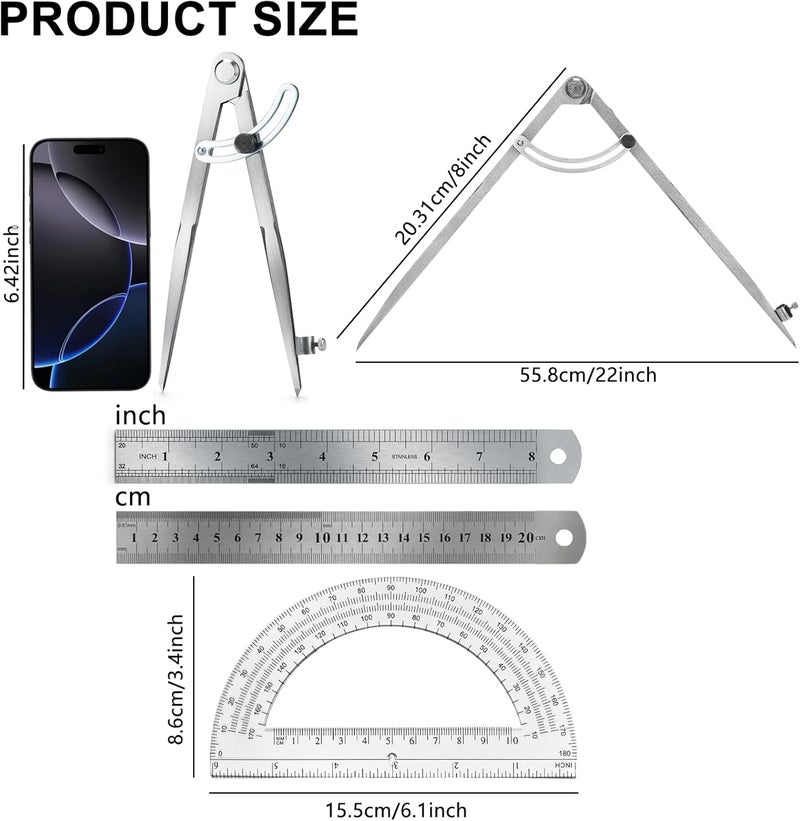 MVPower Compass Geometry Tool, Drawing Compass, Professional 8 Inch Large Compass with Wing for Woodworking, 6 Inch Protractor, 8 Inch Ruler for Carpenter, Drafting - Image 2